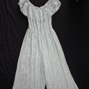 Women's Liberty Love Green Floral Rayon Capri Off Shoulder Ruffle Front Jumpsuit